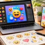 Emoji content creation workspace with laptop, social media posts and colorful emoji graphics