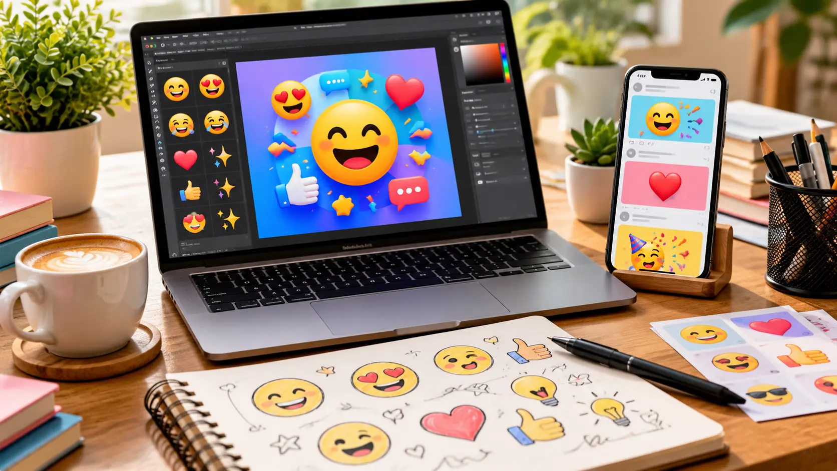 Emoji content creation workspace with laptop, social media posts and colorful emoji graphics