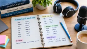 English pronunciation study notebook showing phonetic spelling and IPA symbols for language learners
