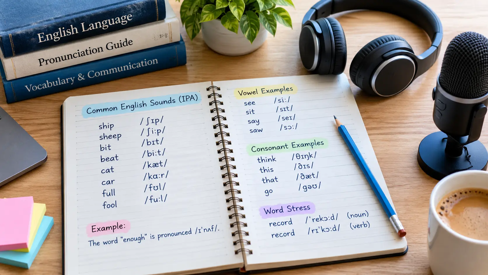 English pronunciation study notebook showing phonetic spelling and IPA symbols for language learners