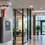 Commercial building fire alarm monitoring system with smoke detector and emergency alarm panel