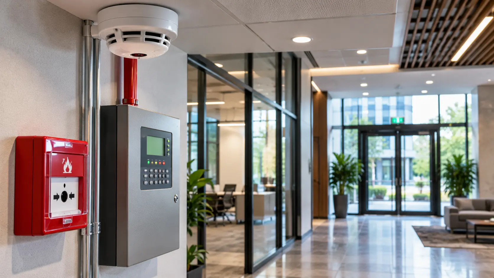 Commercial building fire alarm monitoring system with smoke detector and emergency alarm panel